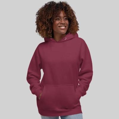 maroon-hoodie-product-example-female-model-True-Mydentity-Cotton-Heritage-Printful