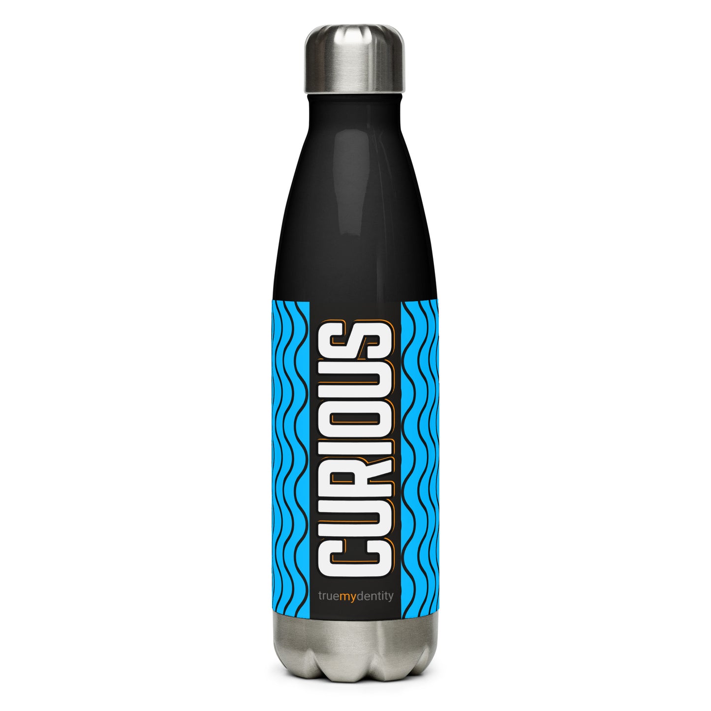 CURIOUS Stainless Steel Water Bottle Blue Wave Design, 17 oz, in Black or White