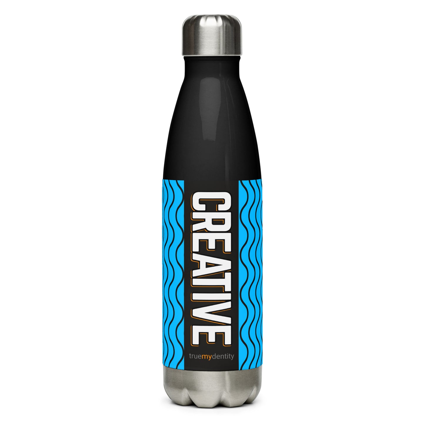 CREATIVE Stainless Steel Water Bottle Blue Wave Design, 17 oz, in Black or White