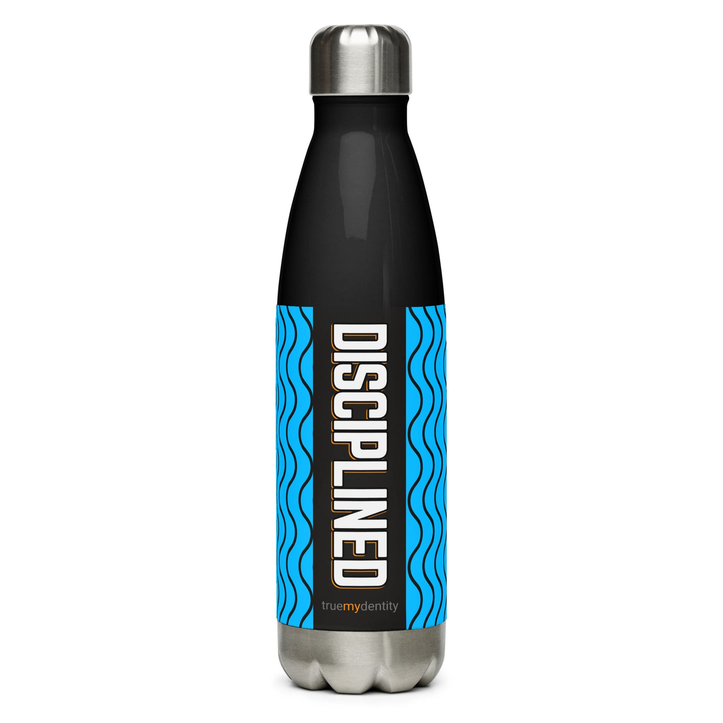 DISCIPLINED Stainless Steel Water Bottle Blue Wave Design, 17 oz, in Black or White