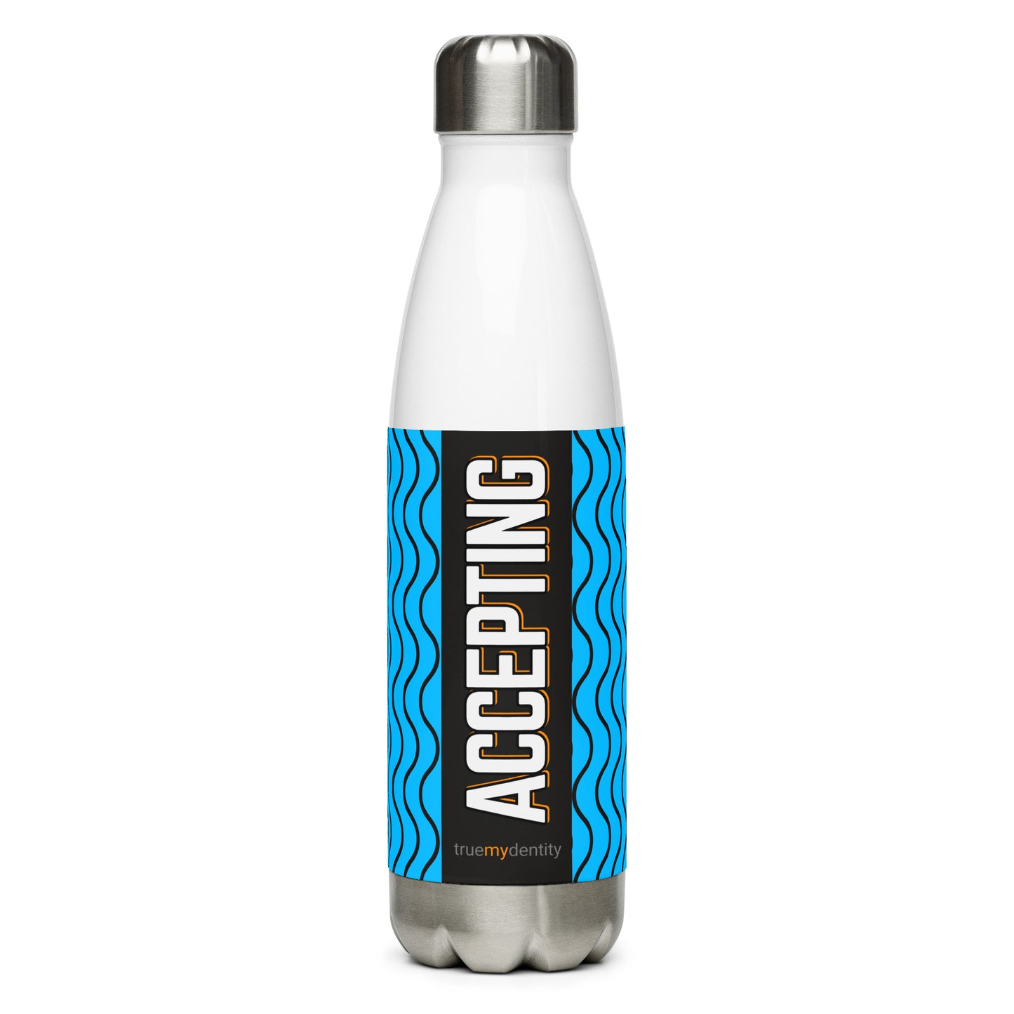 ACCEPTING Stainless Steel Water Bottle Blue Wave Design, 17 oz, in Black or White