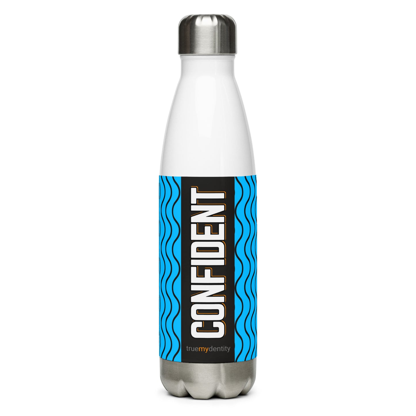 CONFIDENT Stainless Steel Water Bottle Blue Wave Design, 17 oz, in Black or White