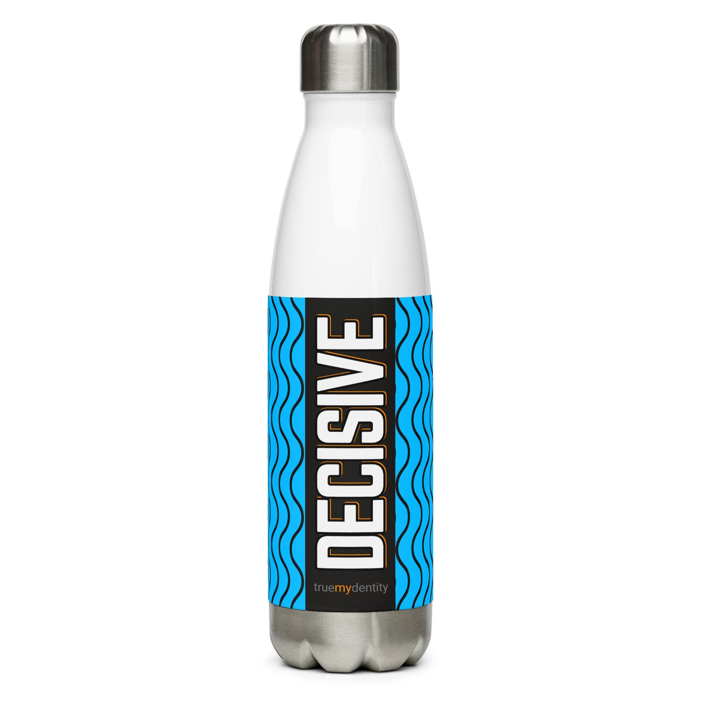 DECISIVE Stainless Steel Water Bottle Blue Wave Design, 17 oz, in Black or White