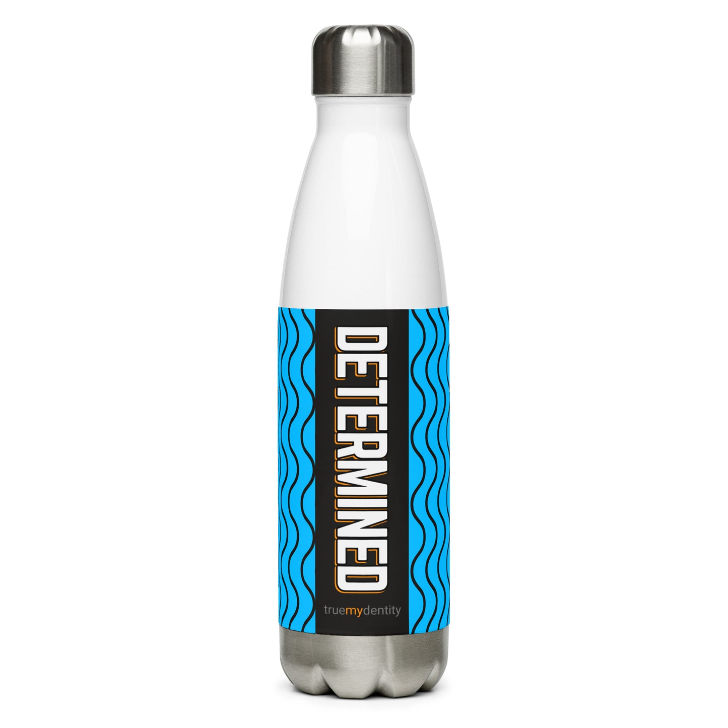 DETERMINED Stainless Steel Water Bottle Blue Wave Design, 17 oz, in Black or White
