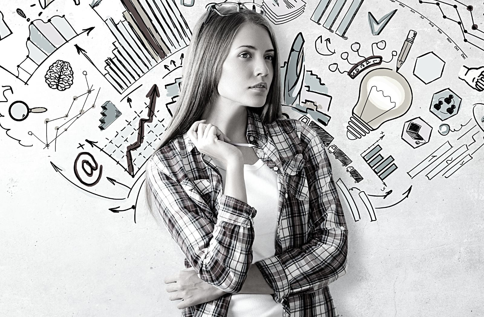 young woman standing in front of sketched cluster animated images made by creative people